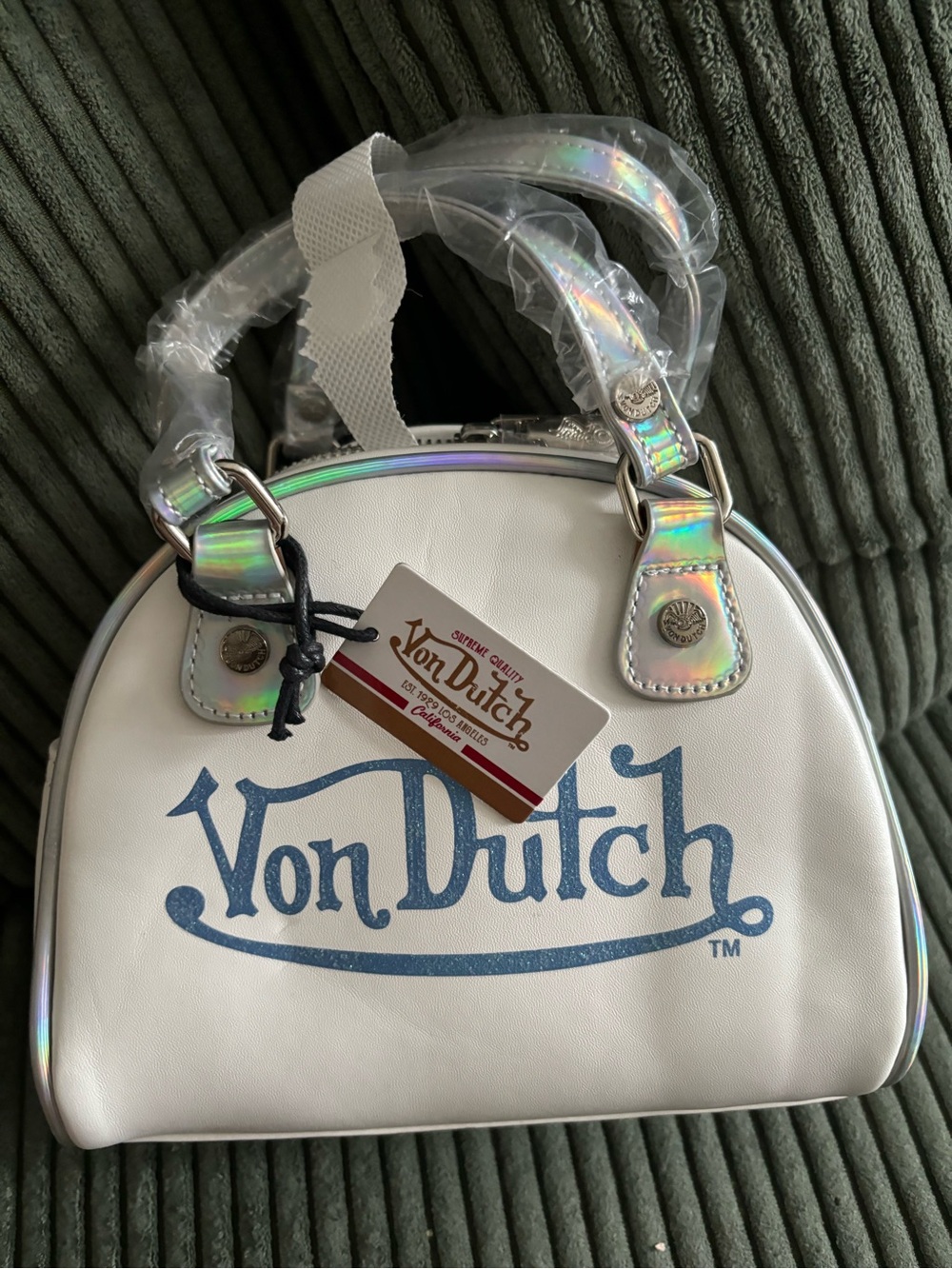Von Dutch White Mini Dome Bag with Holographic Trim